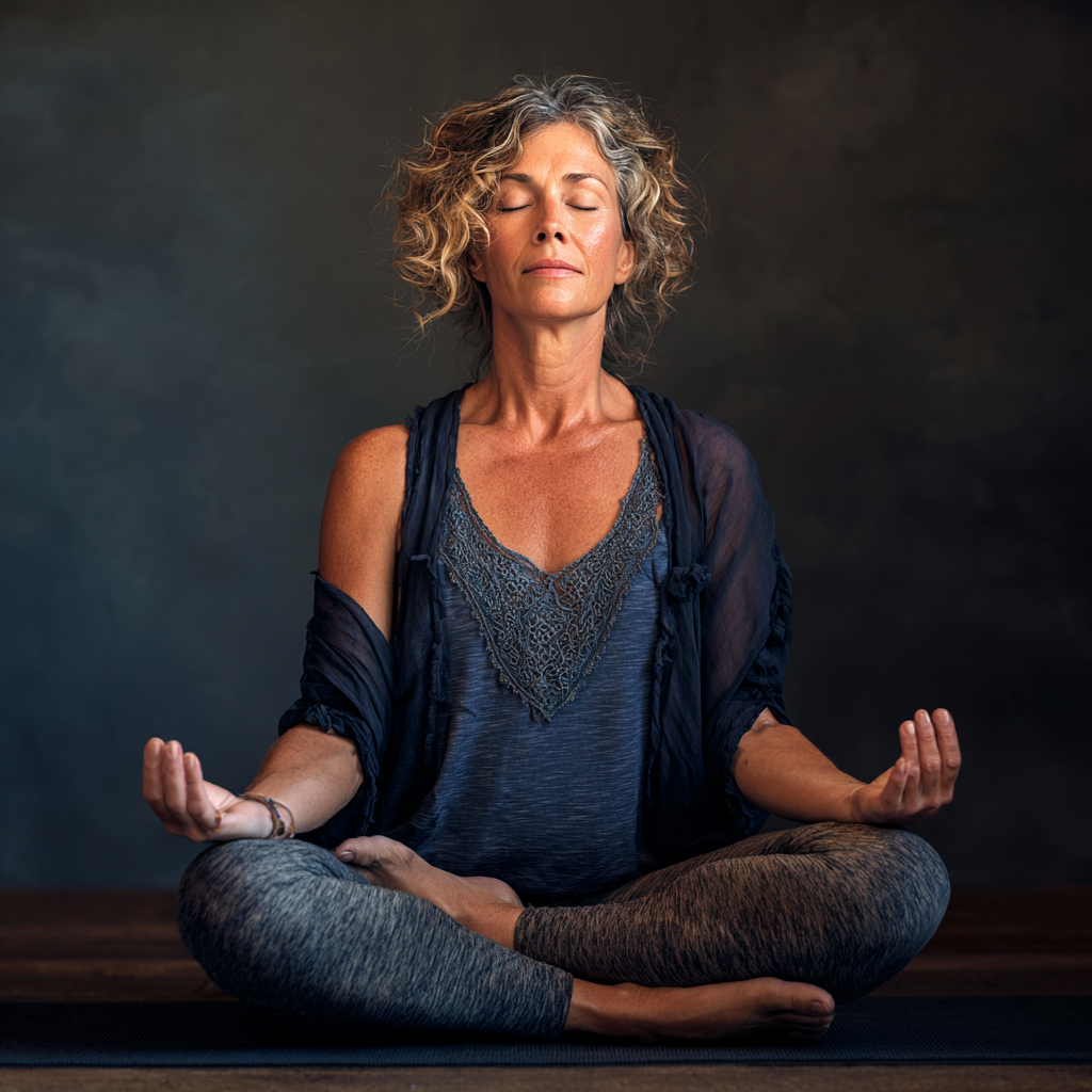 50 years old woman in her fifties practicing yoga in peaceful meditation pose