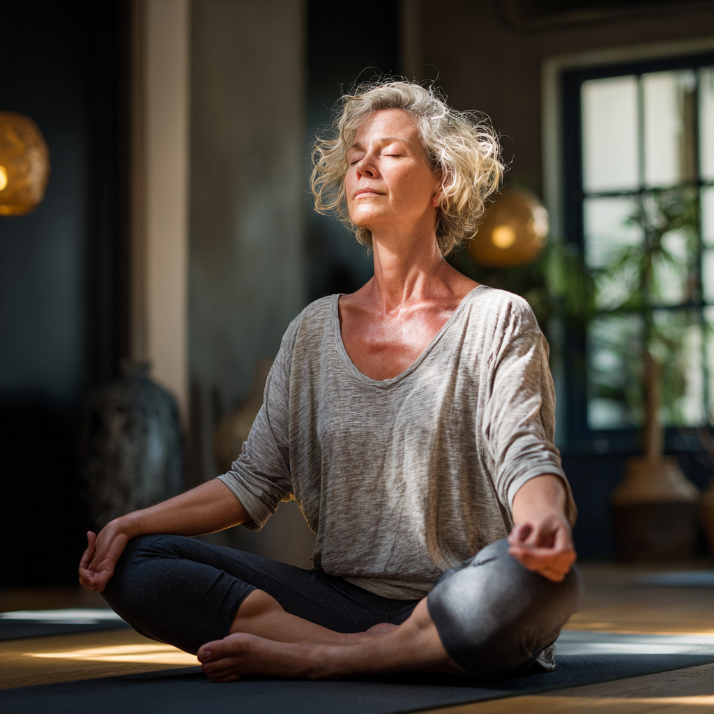 51 years old woman practicing hatha yoga in serene studio environment