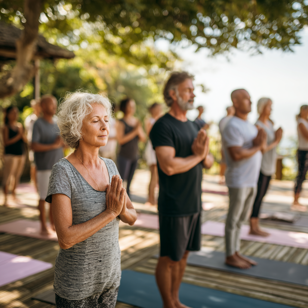 diverse group of 53 years old adults practicing yoga together in peaceful setting